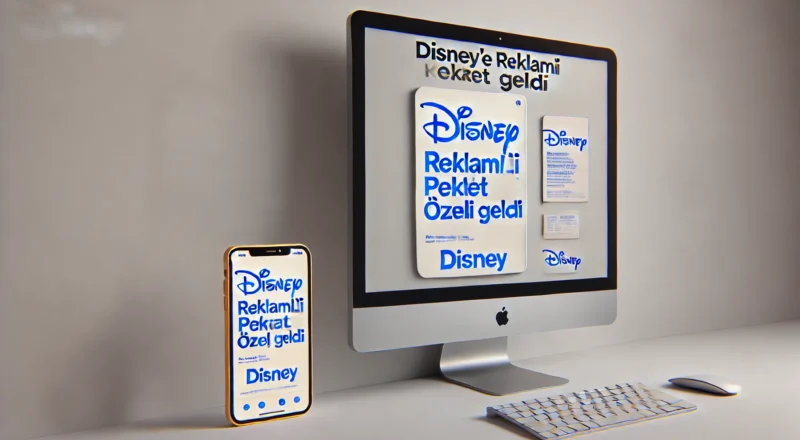 Görselde bir masa üzerinde bir iMac bilgisayar ve bir iPhone yer alıyor. Her iki cihazın ekranında da aynı içerik gösteriliyor. Ekranlarda büyük mavi harflerle "Disney'e Reklamlı Paket Özelliği geldi" yazıyor. Ayrıca ekranın alt kısmında "Disney" logosu yer alıyor. Masa üzerinde ayrıca bir klavye ve bir fare bulunuyor. Arka plan sade ve gri renkte.