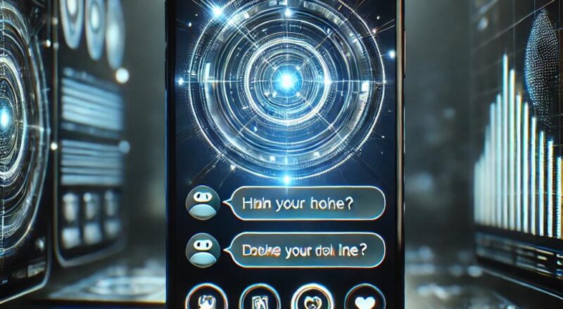 Görselde, merkezde bir akıllı telefon ekranı yer alıyor. Ekranda "GROK AI" yazısı bulunuyor. Ekranın ortasında, mavi ve beyaz tonlarında, bilim kurgu tarzında bir dairesel grafik yer almakta. Bu grafik, bir tür enerji veya veri merkezi gibi görünüyor. Ekranın alt kısmında iki konuşma balonu var. İlk balonda "H'n your hohe?" ve ikinci balonda "Dede your dol line?" yazıyor. Ekranın en alt kısmında ise dört adet simge bulunuyor: bir kamera, bir belge, bir kalp ve bir kalp simgesi daha. Arka planda ise, ekranın sağ ve sol tarafında, benzer grafikler ve veri görselleştirmeleri içeren ekranlar yer almakta. Bu ekranlar, teknolojik ve futuristik bir ortam hissi veriyor.