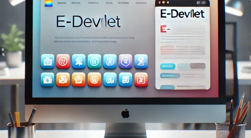Bu görüntüde, bir masaüstü bilgisayar ekranı görülüyor. Ekranda "E-Devlet" yazısı büyük harflerle yer alıyor. Ekranın alt kısmında çeşitli renklerde simgeler bulunuyor. Bu simgeler, farklı uygulamaları veya hizmetleri temsil ediyor olabilir. Ekranın sağ üst köşesinde ise bir pencere daha açık ve burada da "E-Devlet" yazısı tekrar yer alıyor. Masanın üzerinde renkli bir klavye, bir fare ve kalemlerin bulunduğu iki kalemlik var. Arka planda ise bir pencere ve masa lambası görülüyor. Ortam modern ve düzenli bir çalışma alanını andırıyor.