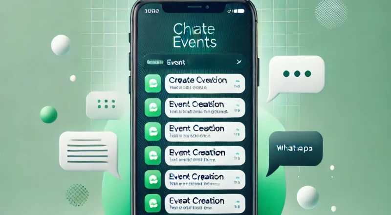 Görselde, yeşil bir arka plan üzerinde bir akıllı telefon ekranı yer alıyor. Telefon ekranında "Chate Events" başlığı altında bir liste bulunuyor. Listedeki öğeler, "Create Creation" ve "Event Creation" gibi ifadelerle sıralanmış. Her bir öğenin yanında küçük bir simge ve sayılar yer alıyor. Ekranın üst kısmında, WhatsApp logosu bulunuyor. Telefonun etrafında konuşma balonları ve çeşitli grafik unsurlar yer alıyor. Görsel genel olarak WhatsApp ile ilgili bir etkinlik veya mesajlaşma uygulamasını çağrıştırıyor.