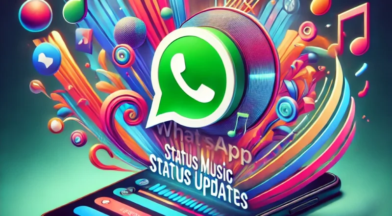 Görselde, bir akıllı telefon ekranı üzerinde büyük bir WhatsApp logosu yer alıyor. Logo, müzik notaları, gitar ve çeşitli renkli grafiklerle çevrelenmiş. Bu grafikler, müzik ve eğlence temasını vurguluyor. Telefon ekranında "WhatsApp Status Music Status Updates" yazısı bulunuyor. Bu, WhatsApp'ın durum güncellemelerine müzik ekleme özelliğini tanıtıyor gibi görünüyor. Arka planda canlı ve parlak renkler kullanılmış, bu da dinamik ve enerjik bir atmosfer yaratıyor.