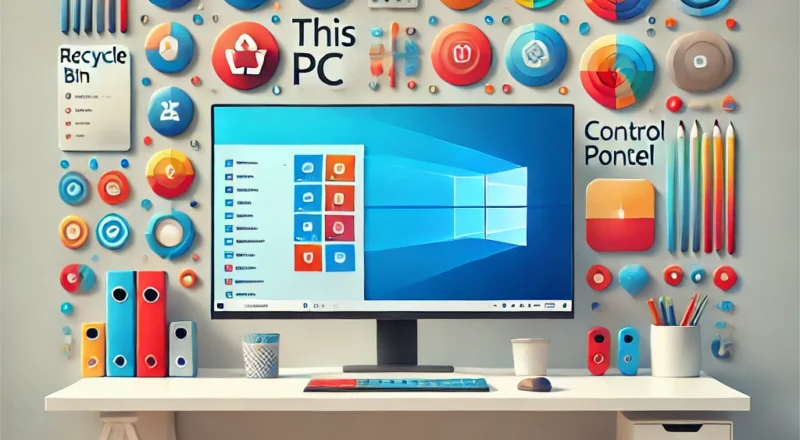 Bu resimde, modern ve renkli bir çalışma masası düzenlemesi görülüyor. Masanın üzerinde büyük bir bilgisayar monitörü var ve ekranda Windows işletim sistemi açık. Monitörün etrafında duvara monte edilmiş çok sayıda renkli ve yuvarlak ikonlar bulunuyor. Bu ikonlar, geri dönüşüm kutusu, bilgisayar ve kontrol paneli gibi çeşitli Windows simgelerini temsil ediyor. Duvarın sol tarafında "Recycle Bin" ve "This PC" yazıları, sağ tarafında ise "Control Panel" yazısı yer alıyor. Masanın üzerinde renkli kalemler, klasörler ve bir fincan var. Genel olarak, resim canlı renklerle dolu ve teknolojik bir tema taşıyor.