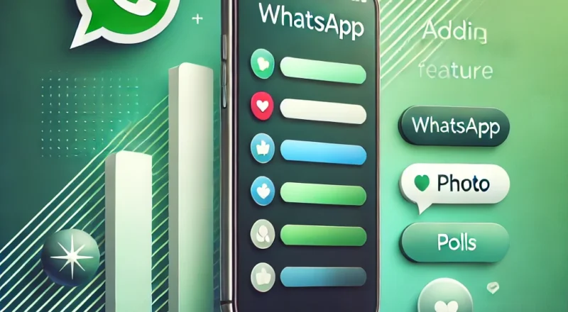 Görselde, yeşil tonlarında bir arka plan üzerinde bir akıllı telefon ekranı yer alıyor. Telefon ekranında "WhatsApp" yazısı büyük harflerle yazılmış. Ekranda çeşitli renklerde simgeler ve çubuklar bulunuyor; bunlar beğeni, kalp ve onay işaretleri gibi simgelerle temsil edilmiş. Telefonun sol tarafında, WhatsApp'ın yeşil logosu yer alıyor. Sağ tarafta ise "Özellik ekleme", "WhatsApp", "Fotoğraf" ve "Anketler" yazıları var. Arka planda grafik çubukları ve çizgilerle dolu bir tasarım bulunuyor. Bu görsel, WhatsApp'a yeni özellikler eklenmesini temsil ediyor gibi görünüyor.