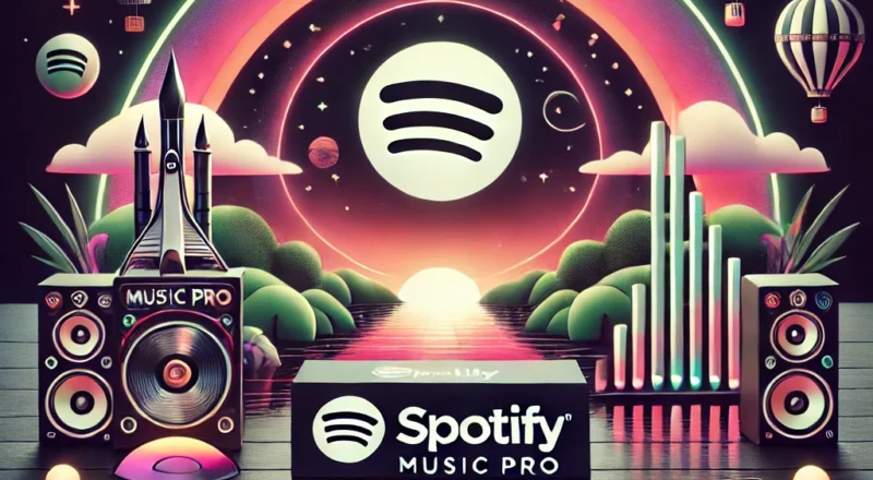 Renkli ve fütüristik bir tasarım. Ortada büyük bir Spotify logosu var, etrafında neon renklerde bir gökkuşağı ve uzay temalı unsurlar bulunuyor. Sol tarafta bir hoparlör ve roket figürü, sağ tarafta ise başka bir hoparlör ve dikey ışık çubukları var. Alt kısımda, üzerinde "Spotify Music Pro" ve "Yeni Dönem Başlıyor!" yazan bir kutu yer alıyor. Kutunun önünde, Spotify logolu ve müzik temalı kartlar sıralanmış. Arka planda sıcak renk tonlarında bir gün batımı manzarası ve sıcak hava balonları görülüyor.