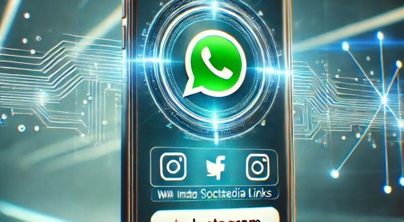 Bu görselde, bir akıllı telefon ekranı üzerinde çeşitli sosyal medya uygulamalarının simgeleri yer alıyor. Ekranın ortasında büyük bir WhatsApp logosu bulunuyor. Altında ise Instagram ve Facebook simgeleri yer alıyor. Ekranın en altında "Instagram" yazısı dikkat çekiyor. Arka planda ise dijital bir ağ ve devre kartı tasarımını andıran bir desen var. Görsel, teknoloji ve sosyal medya temalı bir tasarım içeriyor.